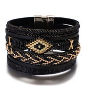 Sorprese armband - Boho style - dames armband - zwart - leer - 19,5 cm - cadeau - Model D