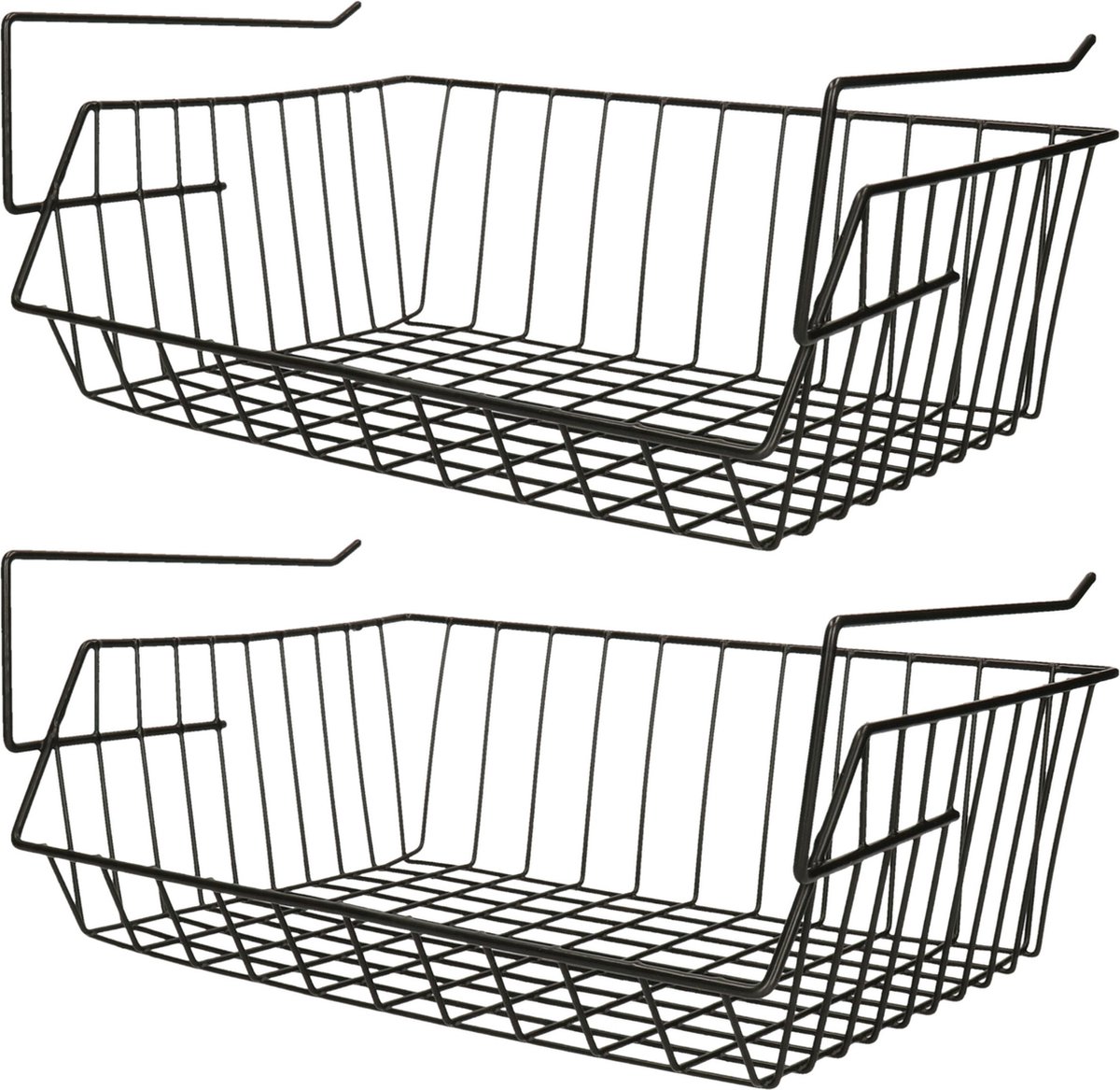 MSV Kastmandje - 2x - opberg/hang mandjes - rvs - zwart - 40 x 27 x 17 cm - draadmand