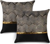 Set van 2 kussenslopen voor bed-, bank- en autodecoratie. Luxe moderne minimalistische gouden lederen stiksels met golvende strepen. Vierkante kussensloop, slopen voor decoratiekussens 45 x 45 cm (zwart)