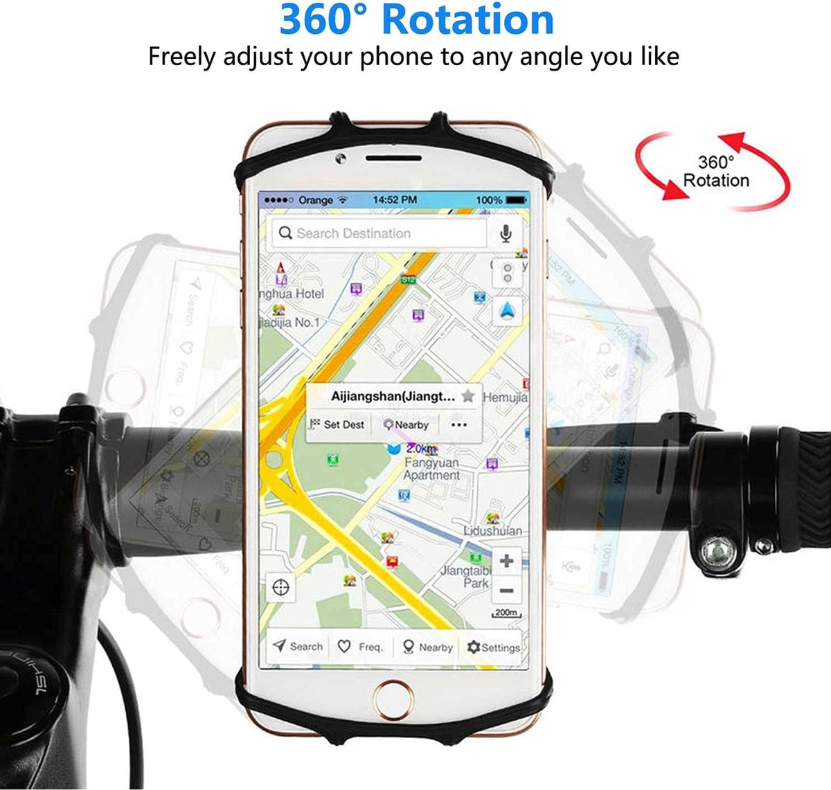 universele motorfiets telefoonhouder voor fiets, 360 ° rotatie siliconen fiets telefoonhouder stuur telefoon houder compatibel met iPhone 12 11 Pro, Samsung