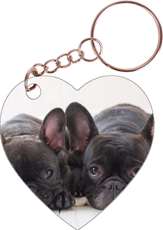 Sleutelhanger hartje 5x5cm - Franse Bulldog Pups