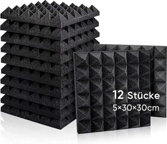 12 Stuks Geluidsabsorbers 3D Hoge Dichtheid Akoestisch Schuim Nagalm Echo Tegels Verminderen Muur Geluid Studio Studie Opnamestudio's Kantoor 30x30x5cm Zwarte Piramide