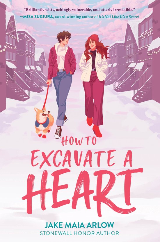 Twee jonge vrouwen lopen hand in hand met een hond in de sneeuw. De titel is 'HOW TO EXCAVATE A HEART'.