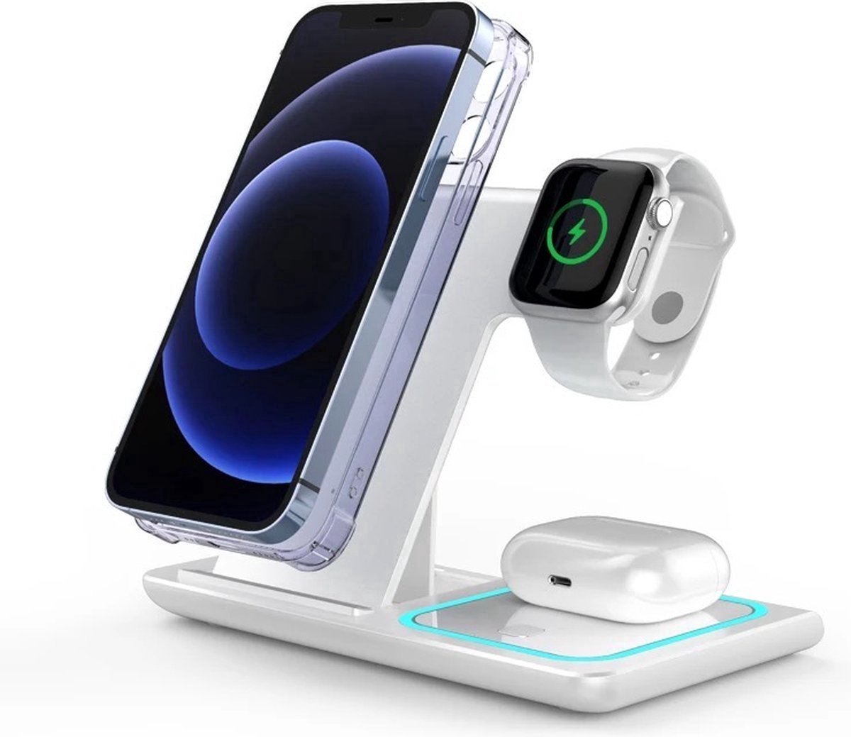 ForDig 3-in-1 Draadloze Oplader (Wit) Docking Station - 15 Watt Snellader - Geschikt voor iPhone & Android Telefoon / Apple iWatch & Airpods / Samsung Galaxy Buds - Draadloos GSM QI Lader - Wireless Charger - ForDig