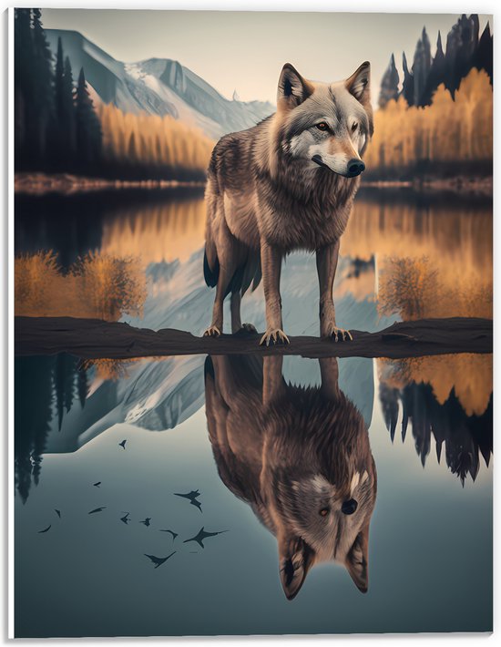 PVC Schuimplaat - Wolf in Landschap met Weerspiegeling in het Water - 30x40 cm Foto op PVC Schuimplaat (Met Ophangsysteem)