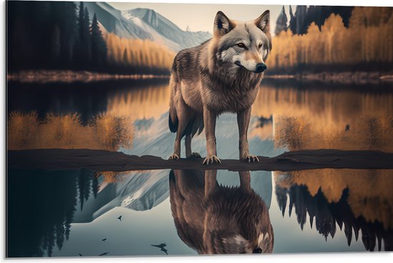 Dibond - Wolf in Landschap met Weerspiegeling in het Water - 75x50 cm Foto op Aluminium (Met Ophangsysteem)