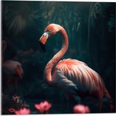 Acrylglas - Exotische Roze Flamingo in het Water bij Roze Lelies - 50x50 cm Foto op Acrylglas (Wanddecoratie op Acrylaat)