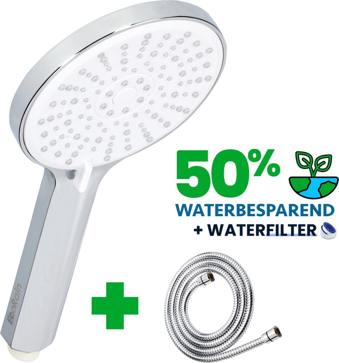 EcoRain© 50% Waterbesparende Douchekop Mark 12 CM met Doucheslang en Waterfilter - 5 Sproeistanden - Universele Aansluiting - Anti-kalk Douchekop - 2 jaar garantie - Chroom