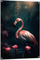 Tuinposter – Exotische Roze Flamingo in het Water bij Roze Lelies - 80x120 cm Foto op Tuinposter (wanddecoratie voor buiten en binnen)