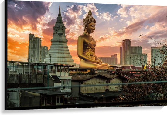Canvas - Gouden Boeddha voor Wat Paknam Phasi Charoen in Bangkok, Thailand - 120x80 cm Foto op Canvas Schilderij (Wanddecoratie op Canvas)