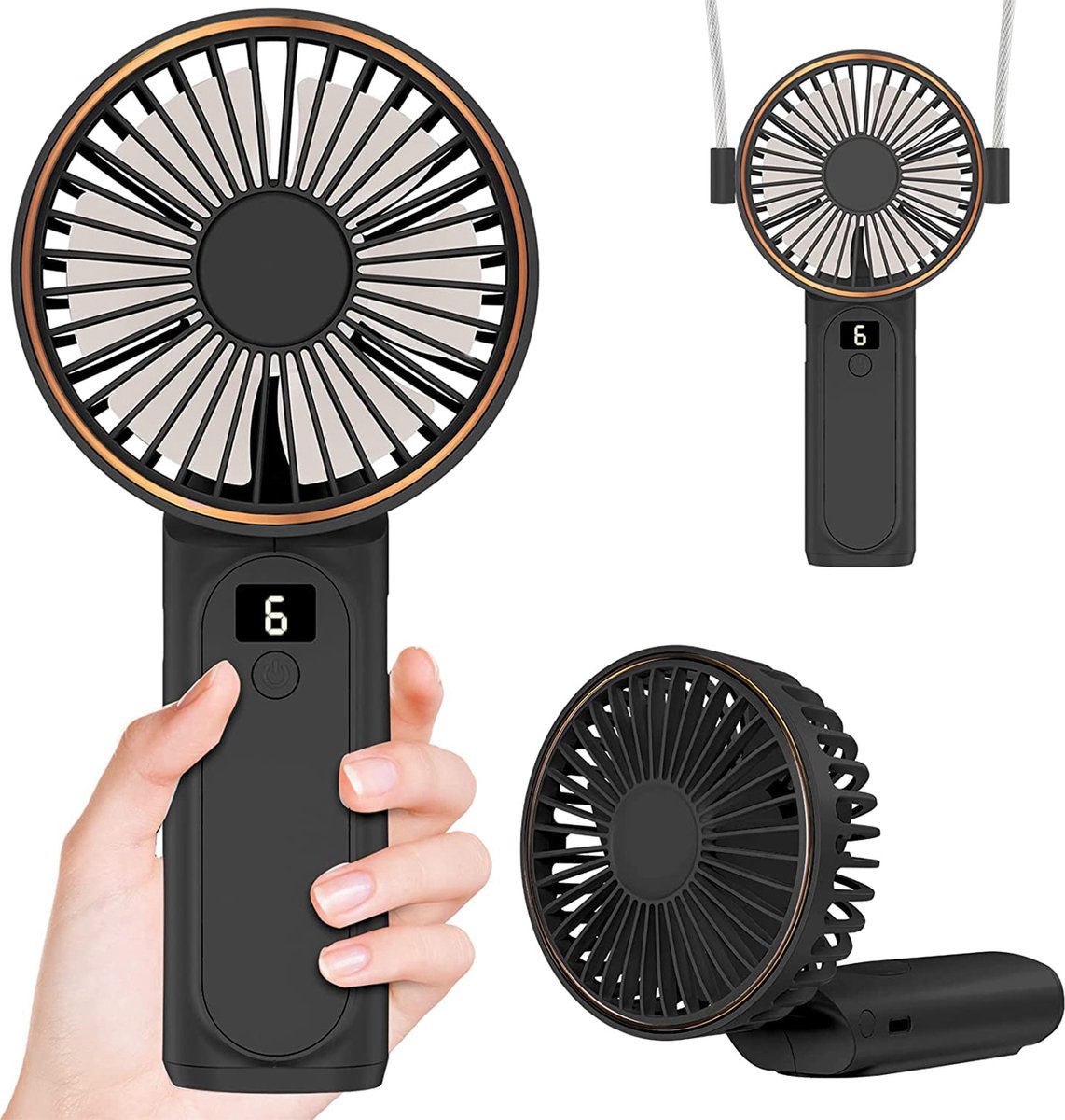YONO Handventilator - Draagbare Ventilator Oplaadbaar - Mini Tafelventilator Draadloos - 6 Standen - Zwart