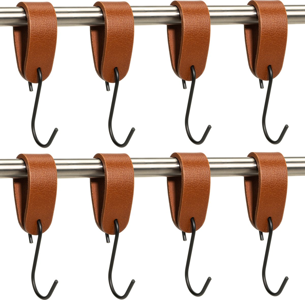 Buffel&Co Ophanghaken - Leren S-haak hangers - Cognac - 8 stuks - 15 x 2,5 cm – Handdoekhaakjes – Kapstokhaak