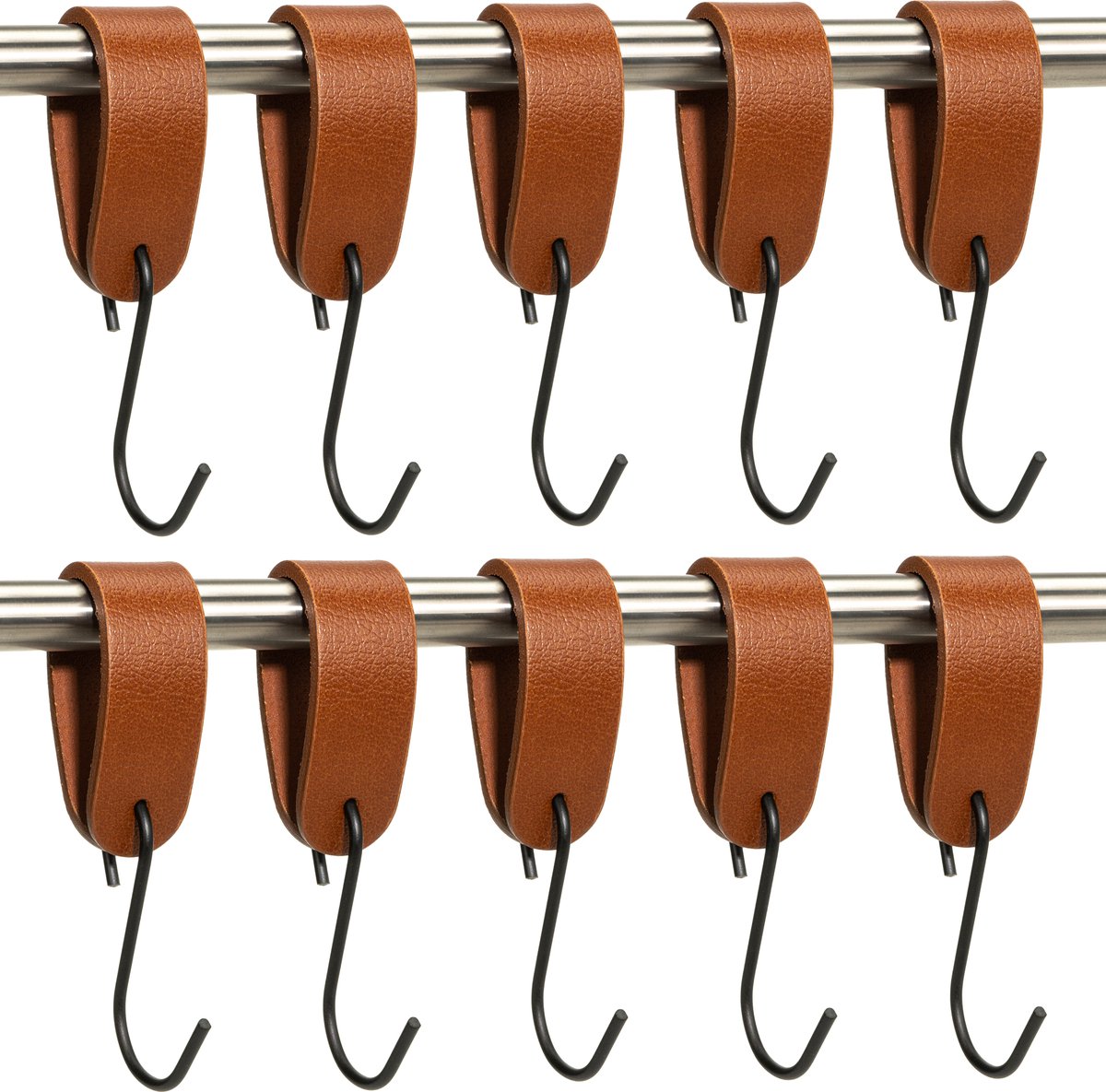 Buffel&Co Ophanghaken - Leren S-haak hangers - Cognac - 10 stuks - 15 x 2,5 cm – Handdoekhaakjes – Kapstokhaak
