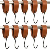 Buffel&Co Ophanghaken - Leren S-haak hangers - Cognac - 10 stuks - 15 x 2,5 cm – Handdoekhaakjes – Kapstokhaak