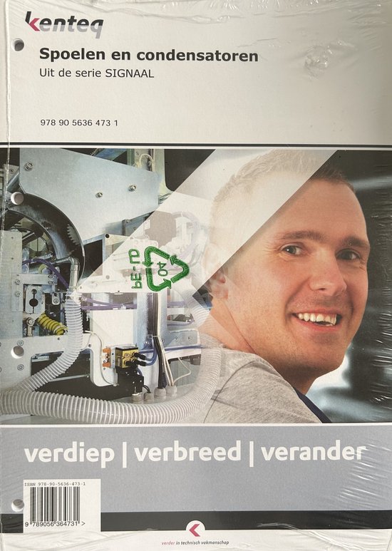Boekomslag met tekst "Spoelen en condensatoren" en "verdiep | verbreed | verander". Een man kijkt naar rechts.
