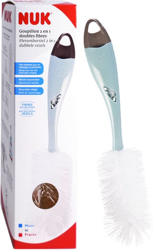 Babyflesje - Nuk | 2-in-1 | flessenborstel met dubbele vezels | flessenborstel en fopspeenborstel | 28 x 7,5 cm Wit