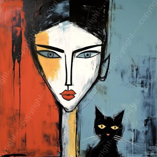 JJ-Art (Canvas) 100x100 | Vrouw met kat - abstract – kunst – kleurrijk, felle kleuren, woonkamer slaapkamer | vierkant, poes, dier, gezicht, blauw, grijs, oranje, rood, zwart | Foto-Schilderij print (wanddecoratie)