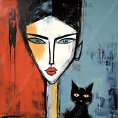 JJ-Art (Glas) 100x100 | Vrouw met kat - abstract – kunst – kleurrijk, felle kleuren, woonkamer slaapkamer | vierkant, poes, dier, gezicht, blauw, grijs, oranje, rood, zwart | Foto-schilderij-glasschilderij-acrylglas-acrylaat-wanddecoratie