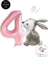 Snoes - Stampertje Basis ballon set XXL Cijferballon Baby Roze Pink Nude 4 - Lief Konijn + Cijfer Ballon 4 Jaar - Helium Geschikt