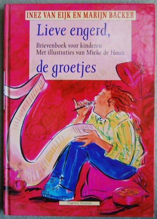 Boek met illustratie van een kind met krullend rood haar dat een brief schrijft, zittend op een harp.