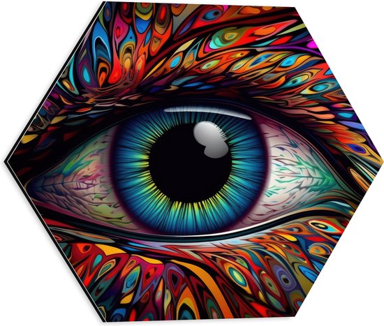 Dibond Hexagon - Schilderij van Blauw oog op Kleurrijk Gezicht met Patronen - 40x34.8 cm Foto op Hexagon (Met Ophangsysteem)