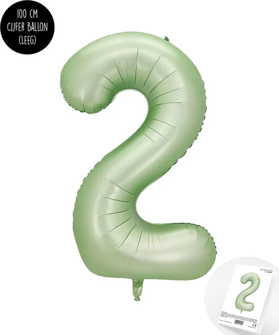 Cijfer Helium Folie Ballon XXL - 2 jaar cijfer - Olive - Groen - Satijn - Nude - 100 cm - leeftijd 2 jaar feestartikelen verjaardag