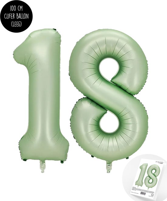 Cijfer Helium Folie Ballon XXL - 18 jaar cijfer - Olive - Groen - Satijn - Nude - 100 cm - leeftijd 18 jaar feestartikelen verjaardag