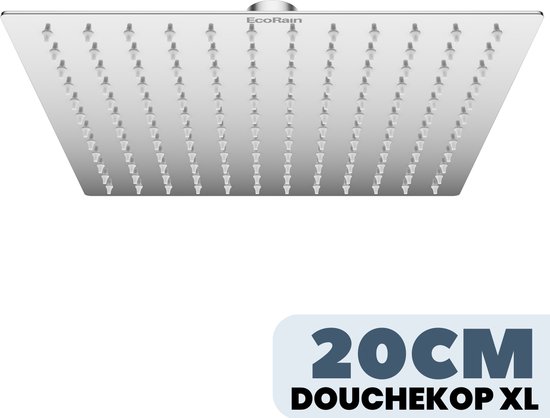 EcoRain© Regendouchekop Tyler 20 CM Vierkant - Waterbesparende Douchekop - Hoge Druk - Groot - Regendouche - RVS - Zilver