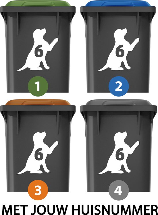 Container stickers XL - Voordeelset 4 stuks - 18x18 cm - Container / Kliko sticker huisnummer - afvalcontainer sticker - klikosticker - Hond