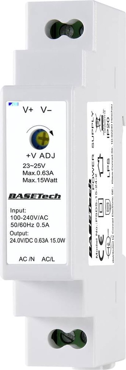 Basetech PSDS-15-24-2 DIN-rail netvoeding 24 V 0.63 A 15 W Aantal uitgangen: 1 x Inhoud: 1 stuk(s)