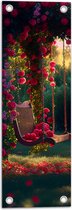 Tuinposter – Romantische Schommel aan Roze Bloemenboog - 20x60 cm Foto op Tuinposter (wanddecoratie voor buiten en binnen)