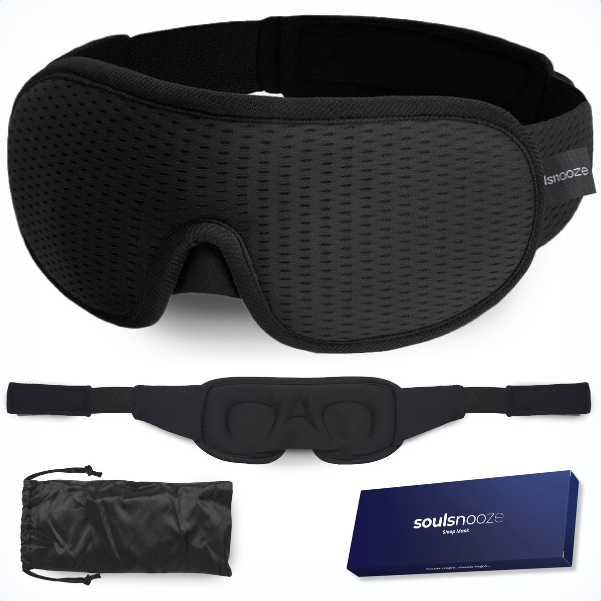 Soulsnooze® - Traagschuim Slaapmasker - Vrouwen & Mannen - Zwart - Verduisterend Oogmasker - Inclusief Reistas