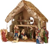 Complete kerststal met kerststal beelden - 30 x 18 x 26 cm - hout/mos/polyresin
