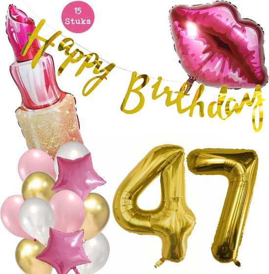 Snoes Beauty Helium Ballonnen Set 47 Jaar - Roze Folieballonnen - Slinger Happy Birthday Goud