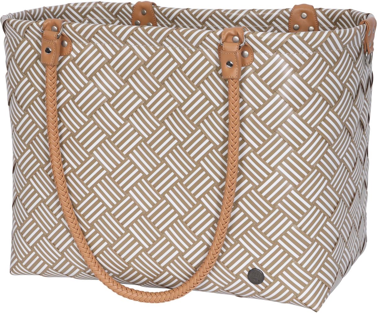 Shopper XL - Grote tas - Strandtas - Sporttas - Boodschappentas - Weekendtas - Lange hengsels - Handgevlochten - Handed By Sainte-Maxime Stripes - khaki/groenbruin met witte streepjes - khaki