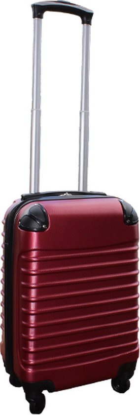 Bordeauxrode handbagage koffer met trekstang en vier wielen.