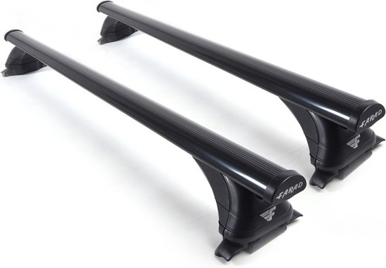 Barres de toit Farad noires avec barres aérodynamiques, pour montage sur galerie de toit ouverte.