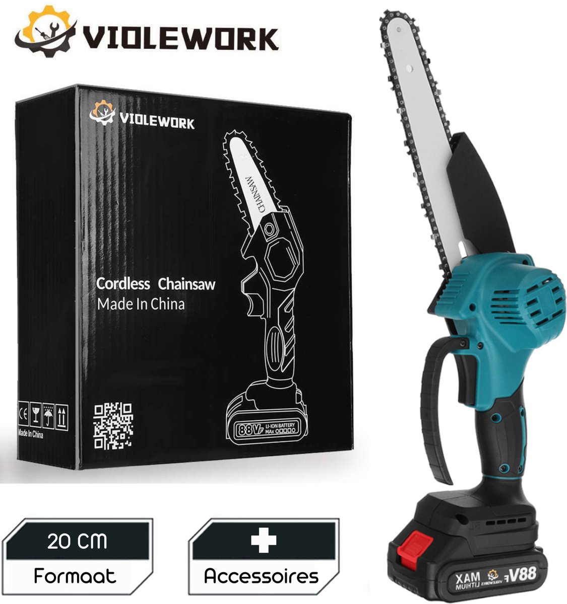 Violework® Accu Kettingzaag - Snoeizaag - Met Accu - Mini Kettingzaag - Hand kettingzaag - Elektrische Kettingzaag - Elektrische Snoeischaar - Ook voor Makita - 10000mAh - 3000W - 88V