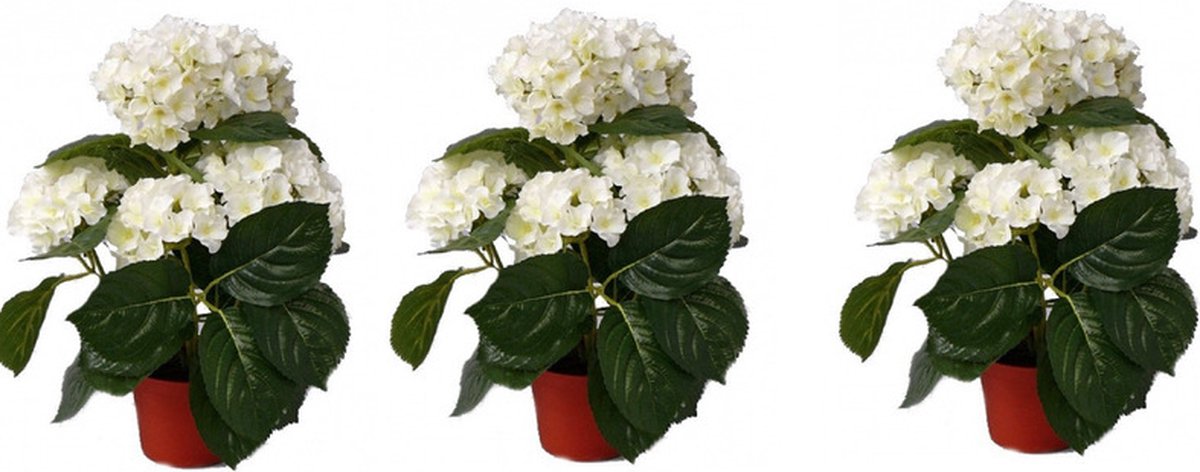 Bellatio Flowers & Plants Topart kunstplant met bloemen - 3x stuks - Hortensia - wit - H36 cm - Dia 10 cm - Bloemetjes - Hydrangea