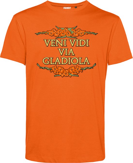 T-shirt Veni Vidi Via Gladiola | Vierdaagse shirt | Wandelvierdaagse Nijmegen | Roze woensdag | Oranje | maat L