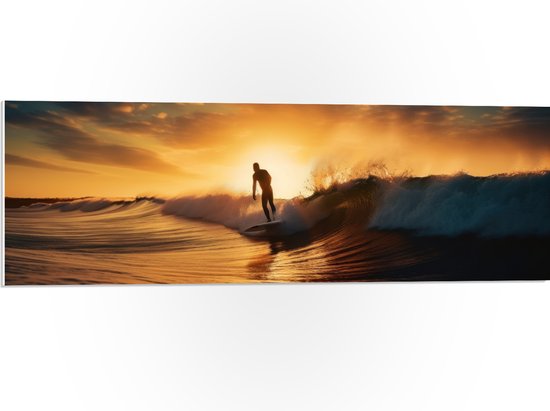 PVC Schuimplaat - Surfer in Actie tijdens Zonsondergang - 90x30 cm Foto op PVC Schuimplaat (Met Ophangsysteem)