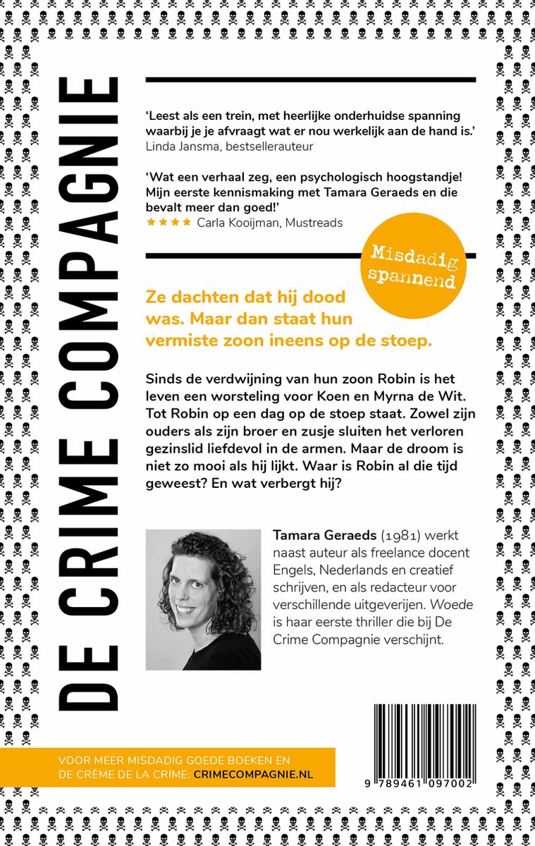 Achterkant boek "Woede". Bevat tekst, een foto van de auteur, en een barcode.