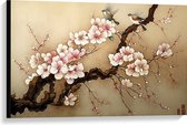 Canvas - Tekening van Tak met Vogeltjes en Roze Bloemen - 90x60 cm Foto op Canvas Schilderij (Wanddecoratie op Canvas)