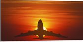 Dibond - Silhouet van Vliegtuig tegen Feloranje Zon in Roodkleurige Lucht - 100x50 cm Foto op Aluminium (Met Ophangsysteem)