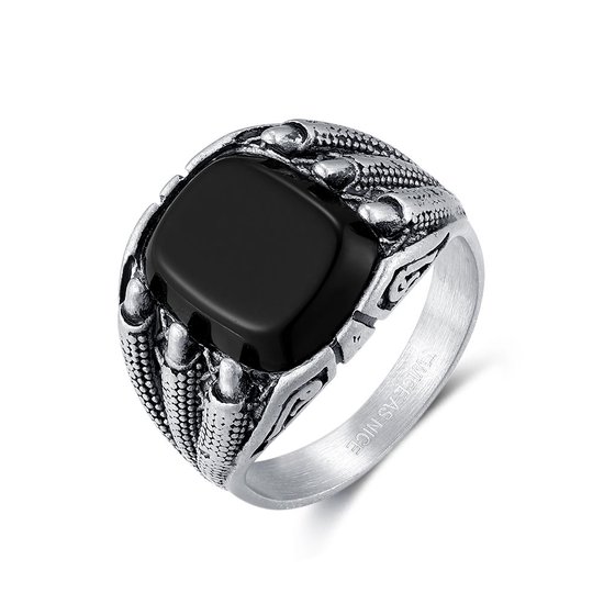 Twice As Nice Ring in edelstaal, zwarte rechthoekige steen, zwarte strepen. 66