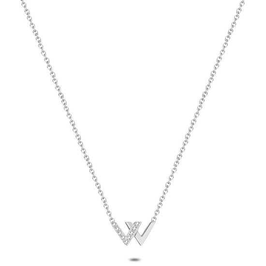 Twice As Nice Halsketting in edelstaal, letter W met steentjes, lengte is verstelbaar,zilverkleurig. 40 cm+6 cm