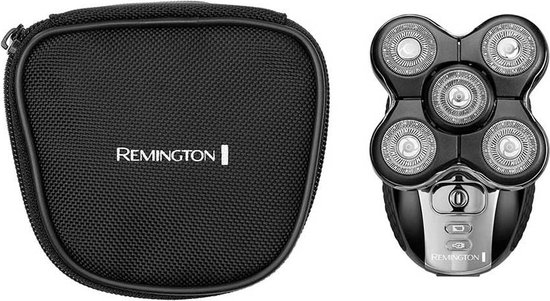Zwart scheerapparaat met 5 scheerkoppen en een zwart Remington etui naast elkaar.
