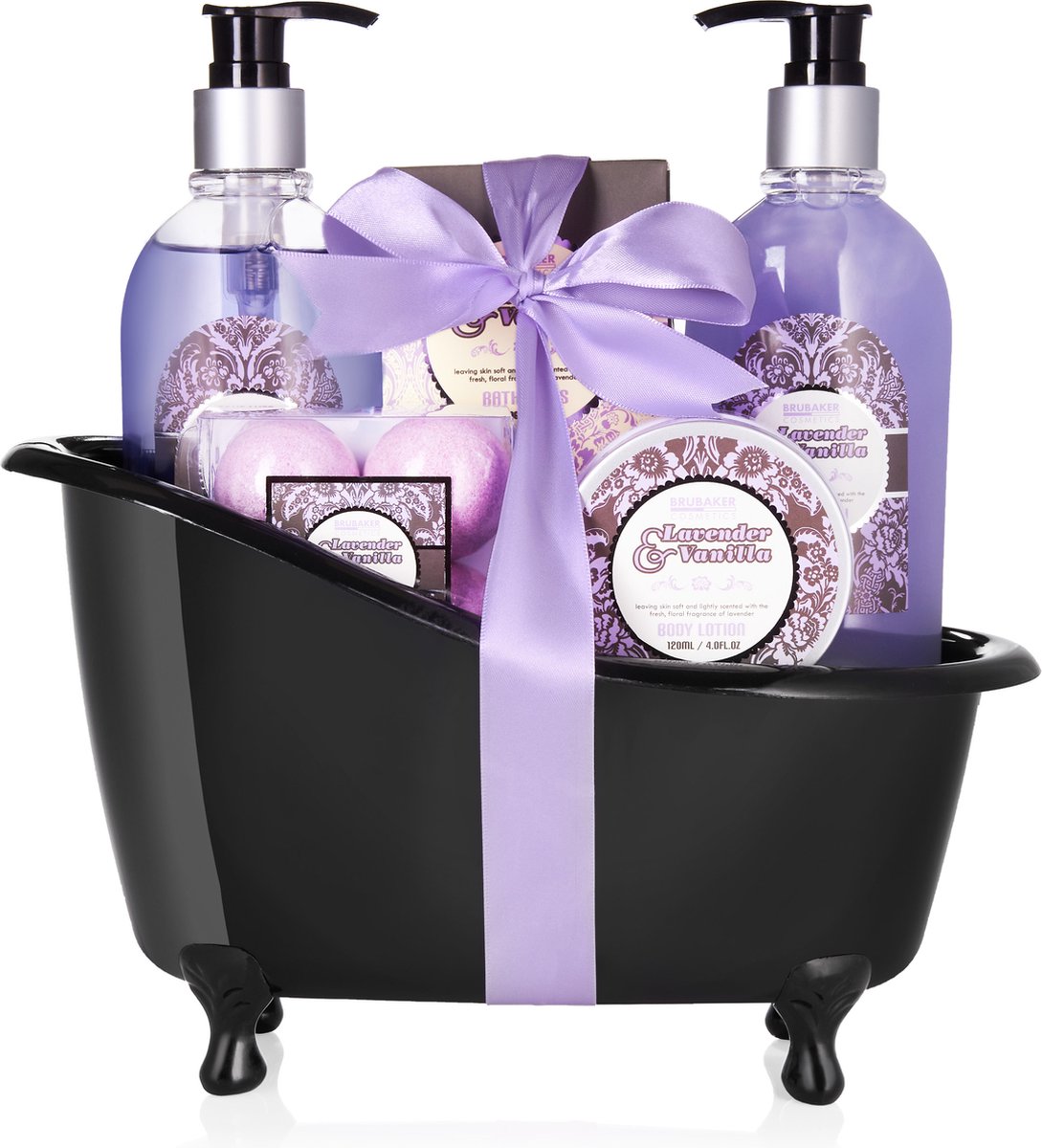 BRUBAKER Cosmetics Bad- en Doucheset - Cadeautip vrouw - Lavendel Vanille met Decoratieve Badkuip - Verwenpakket Vrouw - Cadeau Geschenkset Zwart 9 stuks - Cadeau - Kerstcadeau - Bodylotion - douchegel