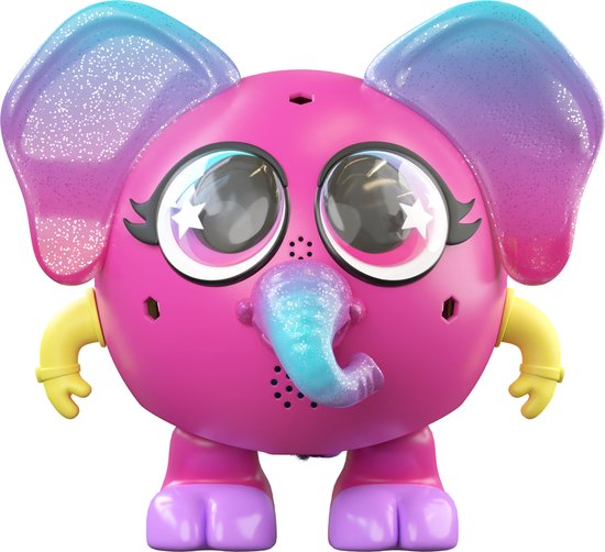 Roze speelgoedfiguur met grote ogen, blauwe oren met glitters en een gele slurf.