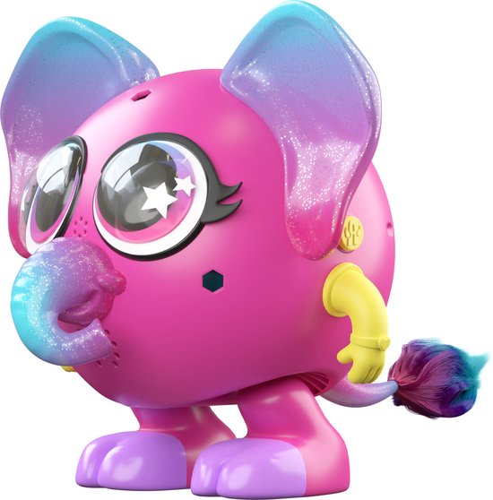 Roze speelfiguur met grote ogen, slurf, grote oren en gekleurde staart.